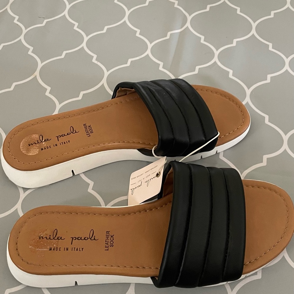 Mila Paoli Leather Slide Sandals Size 7.5  Slip On Black Made in Italy - Picture 2 of 6